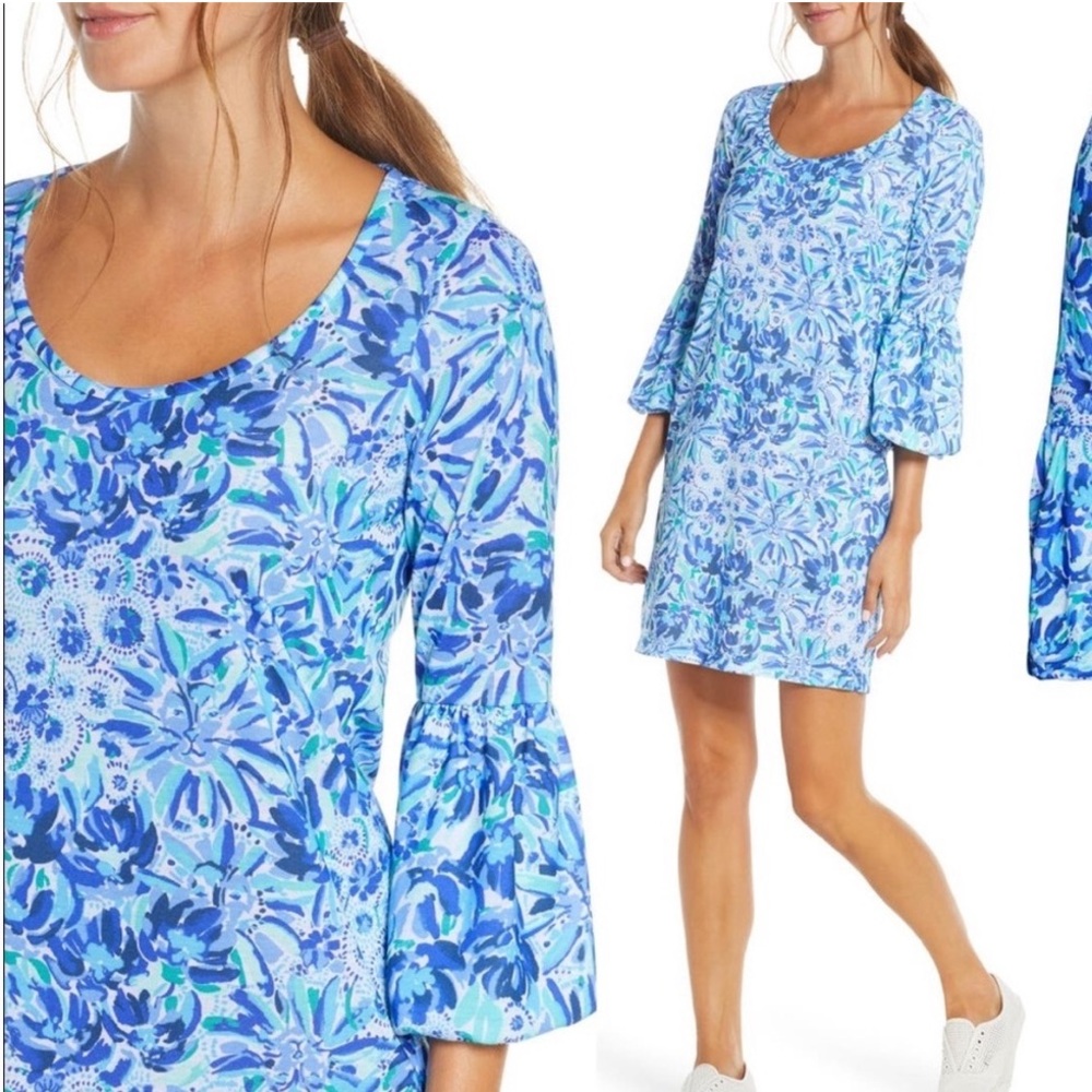 Lilly Pulitzer Carlile Small Blue Iris High Mainten Blouson Sleeve Pima Beach - Picture 12 of 12